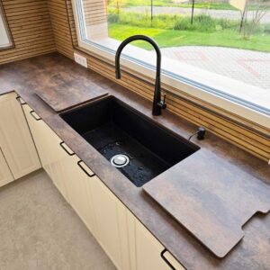 Chiuveta bucatarie granit CookingAid Kinga Workstation LX8610 Neagra / Black Metal quartz + Baterie CookingAid Newmix 90 + Dozator detergent si accesorii montaj