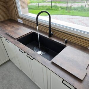 Chiuveta bucatarie granit CookingAid Kinga Workstation LX8610 Neagra / Black Metal quartz + accesorii montaj