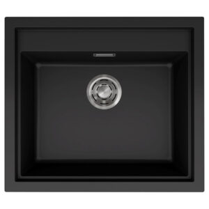 Set chiuveta bucatarie compozit ceramic Invisible Sintesi 105 Black Matt Keratek neagra cu treapta pentru baterie montaj sub fereastra si accesorii montaj
