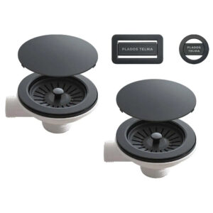 Kit de scurgere ventil si preaplin negru CookingAid Plados-Telma culoare Negru Intens / Full Black din PVC cu capac negru pentru chiuvete bucatarie cu doua cuve Ø gaura 90mm Ø ventil 114mm
