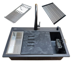 Chiuveta bucatarie granit CookingAid Cube ON3322 Workstation Neagra Black Metal quartz + Baterie CookingAid Newmix 90 + 6 accesorii: Tocator HPL Ardesia, Tavita scurgere inox, Gratar pliabil negru, Scurgator farfurii Easy Drainer, Suport burete Sponge Holder Small, Dozator detergent si accesorii montaj