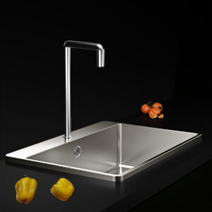 Chiuveta bucatarie inox CookingAid TASCA IRIS 50 BM cu montaj pe blat, ventil scurgere automat cu capac scurgere invisibila, preaplin rotund si accesorii montaj