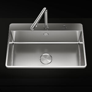 Chiuveta bucatarie inox CookingAid TASCA IRIS 70 cu montaj pe blat, ventil scurgere automat cu capac scurgere invisibila, preaplin rotund si accesorii montaj