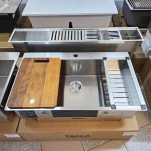 Chiuveta bucatarie inox CookingAid TASCA ASOLO 80 WORKSTATION cu montaj pe blat sau la nivelul blatului si accesorii montaj
