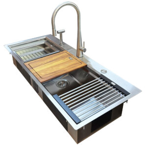 Chiuveta bucatarie inox CookingAid TASCA Harmony 116 IF WORKSTATION + Baterie CookingAid NEWMIX 90 STEEL si 6 accesorii: tavita scurgere glisanta, tocator lemn Iroko, gratar scurgere glisant, dus extractibil cu pulverizator, dozator detergent, ventil automat scurgere si accesorii montaj