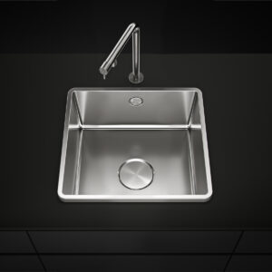 Chiuveta bucatarie inox CookingAid TASCA IRIS 40 cu montaj pe blat, ventil scurgere automat cu capac scurgere invisibila, preaplin rotund si accesorii montaj