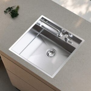 Chiuveta bucatarie inox CookingAid TASCA PHANTOM BACK LAGOON 50 INVISIBLE din inox marin AISI316L, rezistent la coroziune, cloruri si substante chimice, cu montaj pe blat, sub blat, la nivelul blatului sau sub geam si accesorii montaj