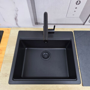 Set complet chiuveta bucatarie granit Time 105 Black Matt Neagra cu ventil scurgere ABS negru + accesorii montaj